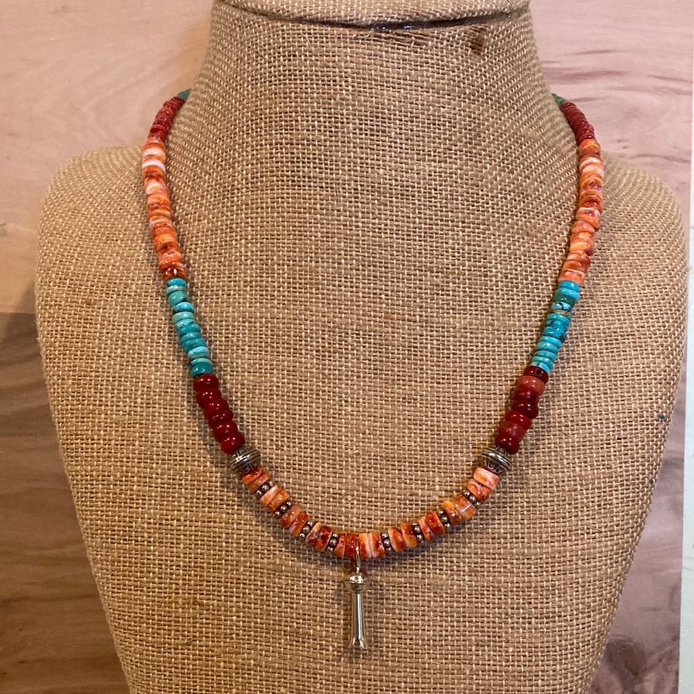 Southwestern Turquoise Spiny Oyster Heishi Necklace Squash Blossom & Bench Bead
